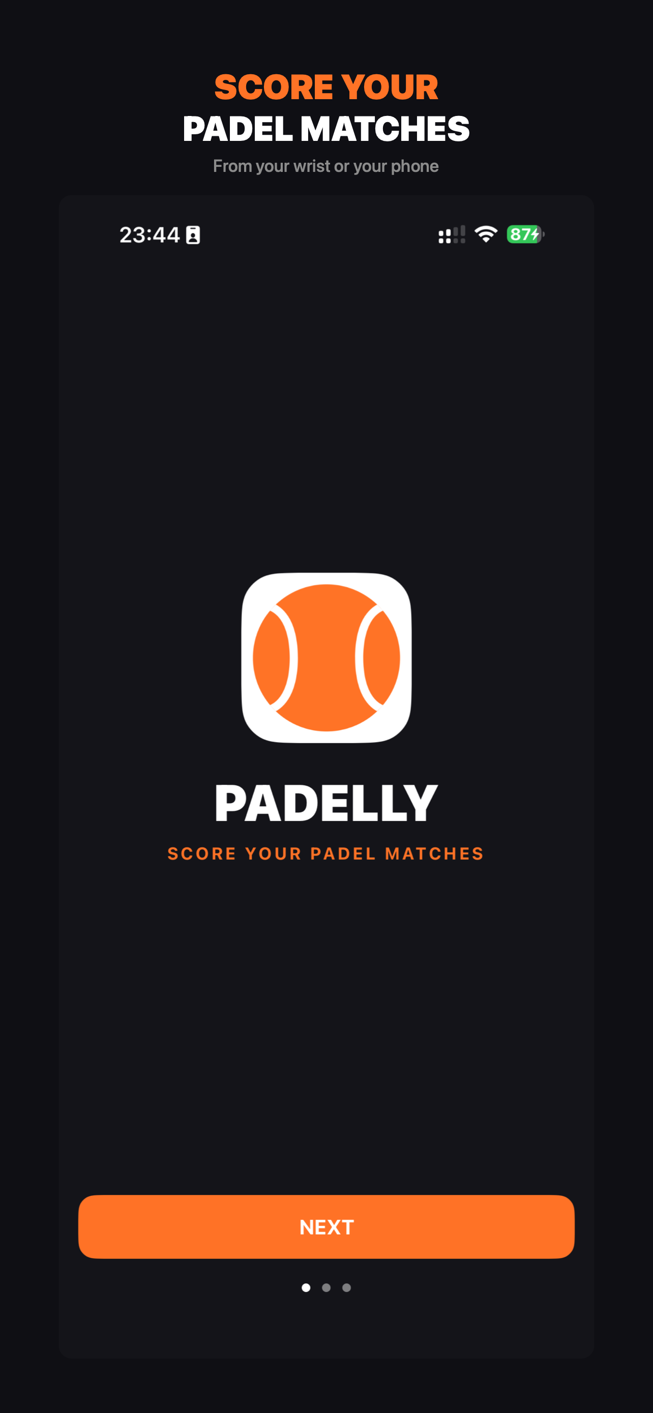 Padelly app screenshot showing match scoring