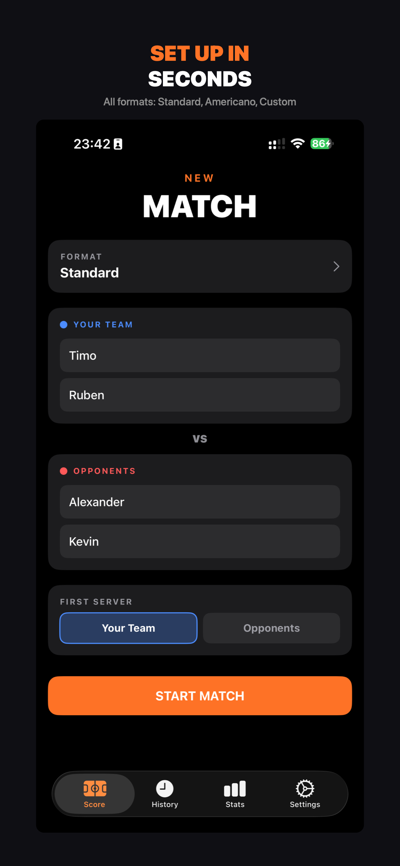 Padelly app showing match format selection